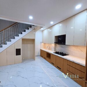 kitchen set kombinasi warna coklat dan kuning muda