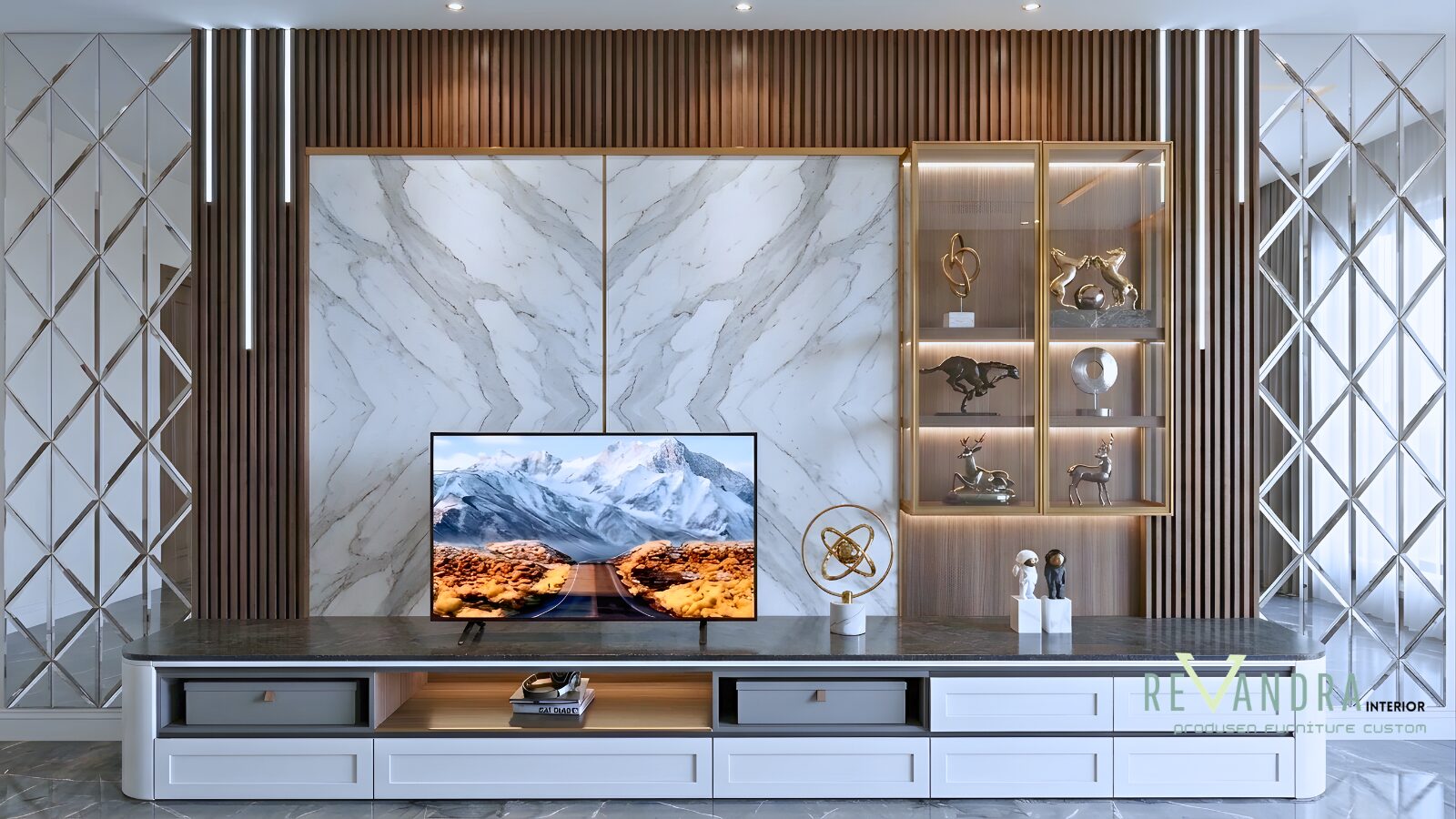 Inspirasi desain backdrop tv ruang keluarga kombinasi marmer