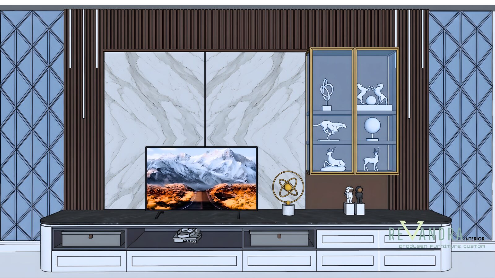 Inspirasi desain backdrop tv ruang keluarga kombinasi marmer: Optimalisasi Cahaya dan Estetika Cermin