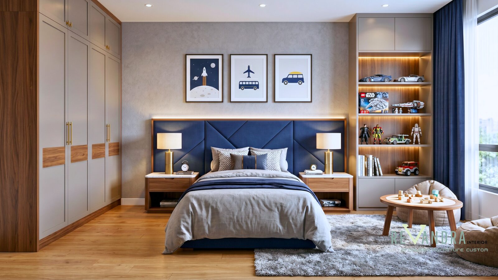 Desain interior kamar laki-laki modern dan rapi
