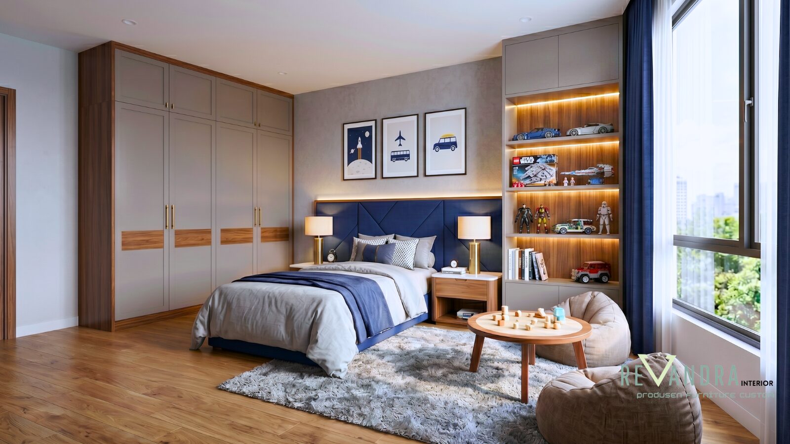 Desain interior kamar laki-laki modern dan rapi