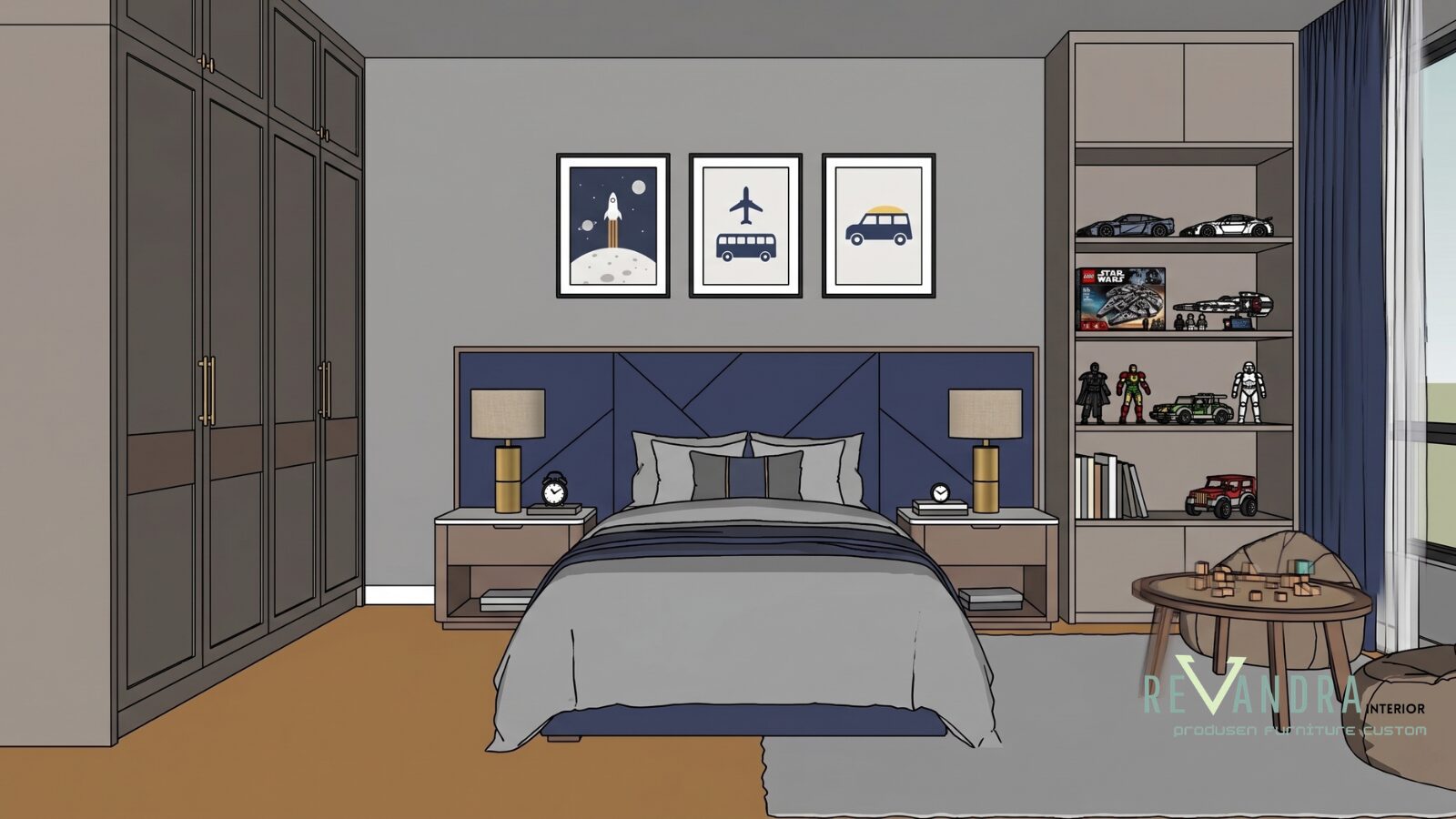 Desain interior kamar laki-laki modern dan rapi