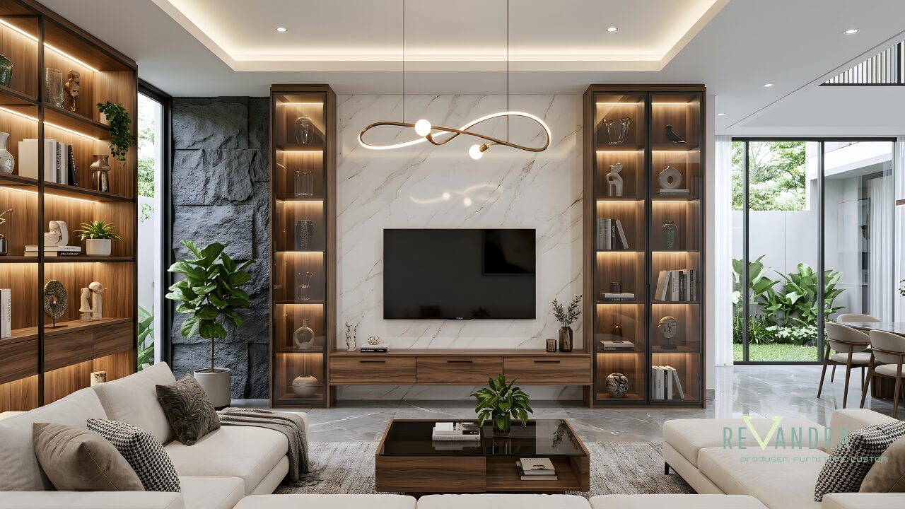 Inspirasi desain Backdrop TV Marmer Modern Ruang Keluarga