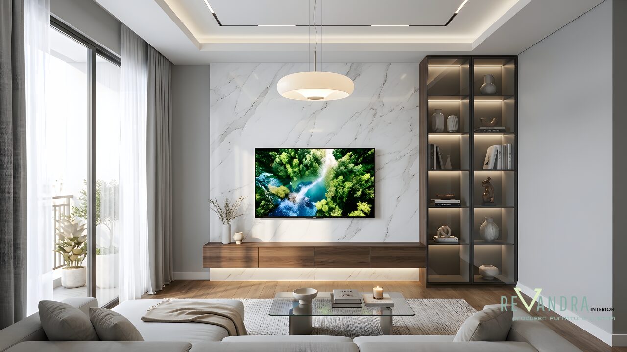 Inspirasi desain Backdrop TV Marmer Modern Ruang Keluarga