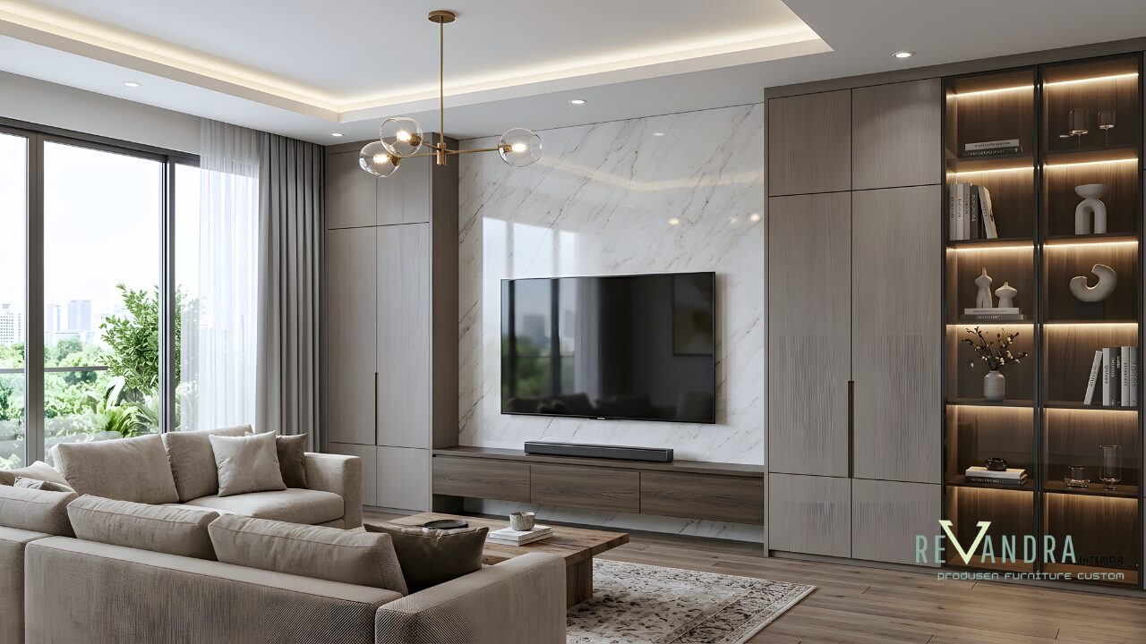 Inspirasi desain Backdrop TV Marmer Modern Ruang Keluarga