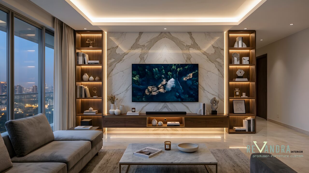 Inspirasi desain Backdrop TV Marmer Modern Ruang Keluarga