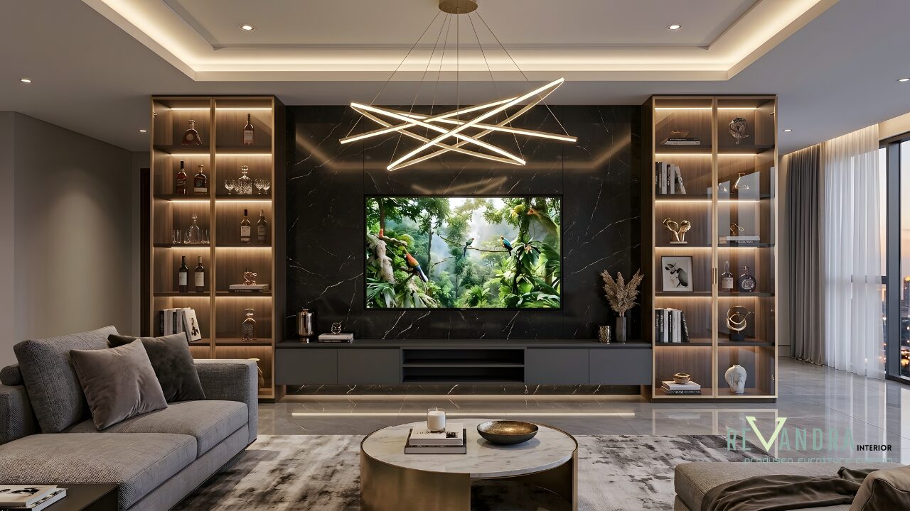 Inspirasi desain Backdrop TV Marmer Modern Ruang Keluarga