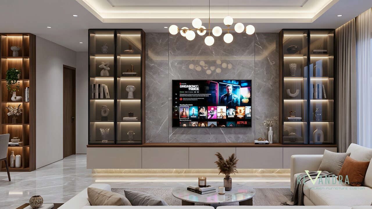 Inspirasi desain Backdrop TV Marmer Modern Ruang Keluarga