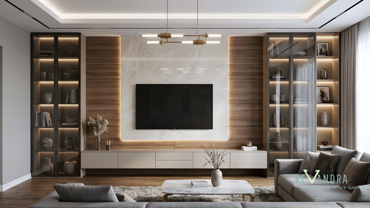 Inspirasi desain Backdrop TV Marmer Modern Ruang Keluarga
