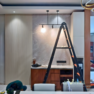 Meja Dapur Minimalis Modern dengan Panel motif marmer Elegan