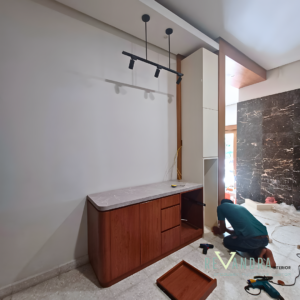 Meja Dapur Minimalis Modern dengan Panel motif marmer Elegan